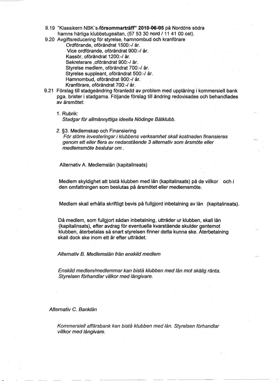 Styrelse medlem, oförändrat 700:-1 år. Styrelse suppleant, oförändrat 500:-1 år. Hamnombud, oförändrat 900:-1 år. Kranförare, oförändrat 700:-1 år. 9.21 Förslag till stadgeändring föranledd av problem med upplåning i kommersiell bank pga.