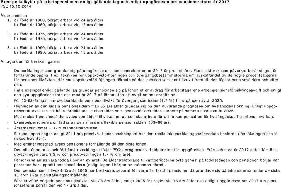 a) Född år 1990, börjat arbeta vid 24 års b) Född år 1990, börjat arbeta vid 18 års Antaganden för beräkningarna: - De beräkningar som grundar sig på uppgörelse om pensionsreformen år 2017 är