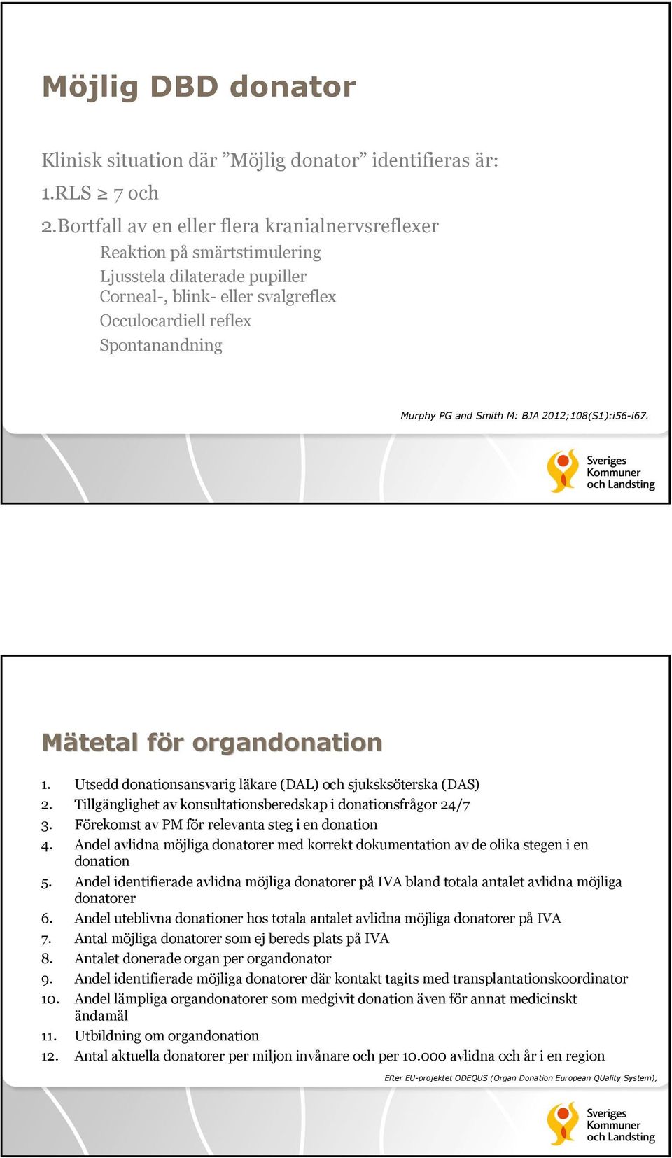 M: BJA 2012;108(S1):i56-i67. Mätetal för f r organdonation 1. Utsedd donationsansvarig läkare (DAL) och sjuksksöterska (DAS) 2. Tillgänglighet av konsultationsberedskap i donationsfrågor 24/7 3.