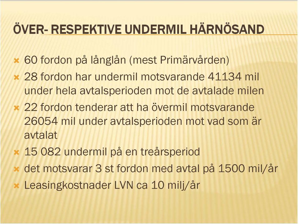 motsvarande 26054 mil under avtalsperioden mot vad som är avtalat 15 082 undermil på en