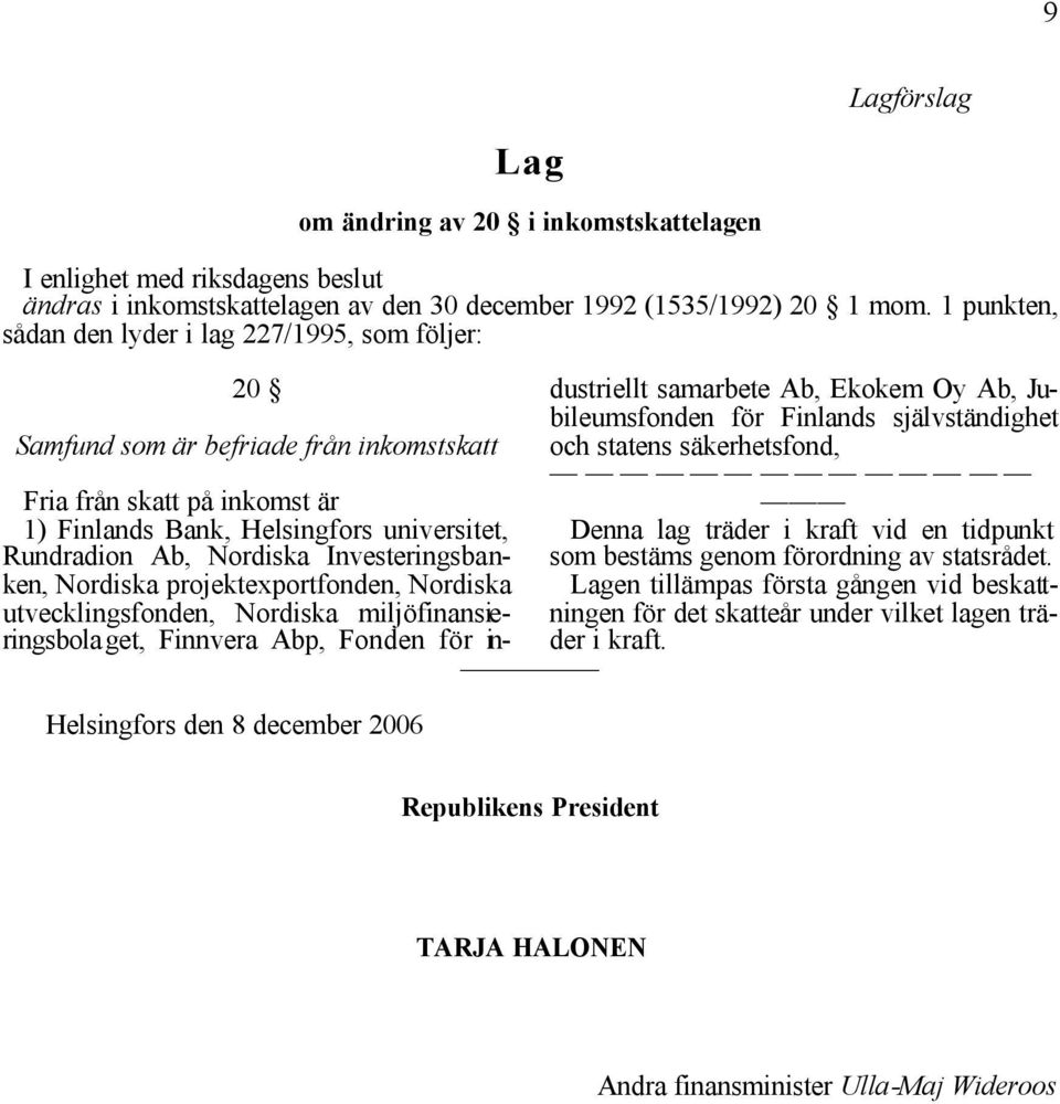 universitet, Rundradion Ab, Nordiska Investeringsbanken, Nordiska projektexportfonden, Nordiska utvecklingsfonden, Nordiska miljöfinansieringsbolaget, Finnvera Abp, Fonden för industriellt samarbete