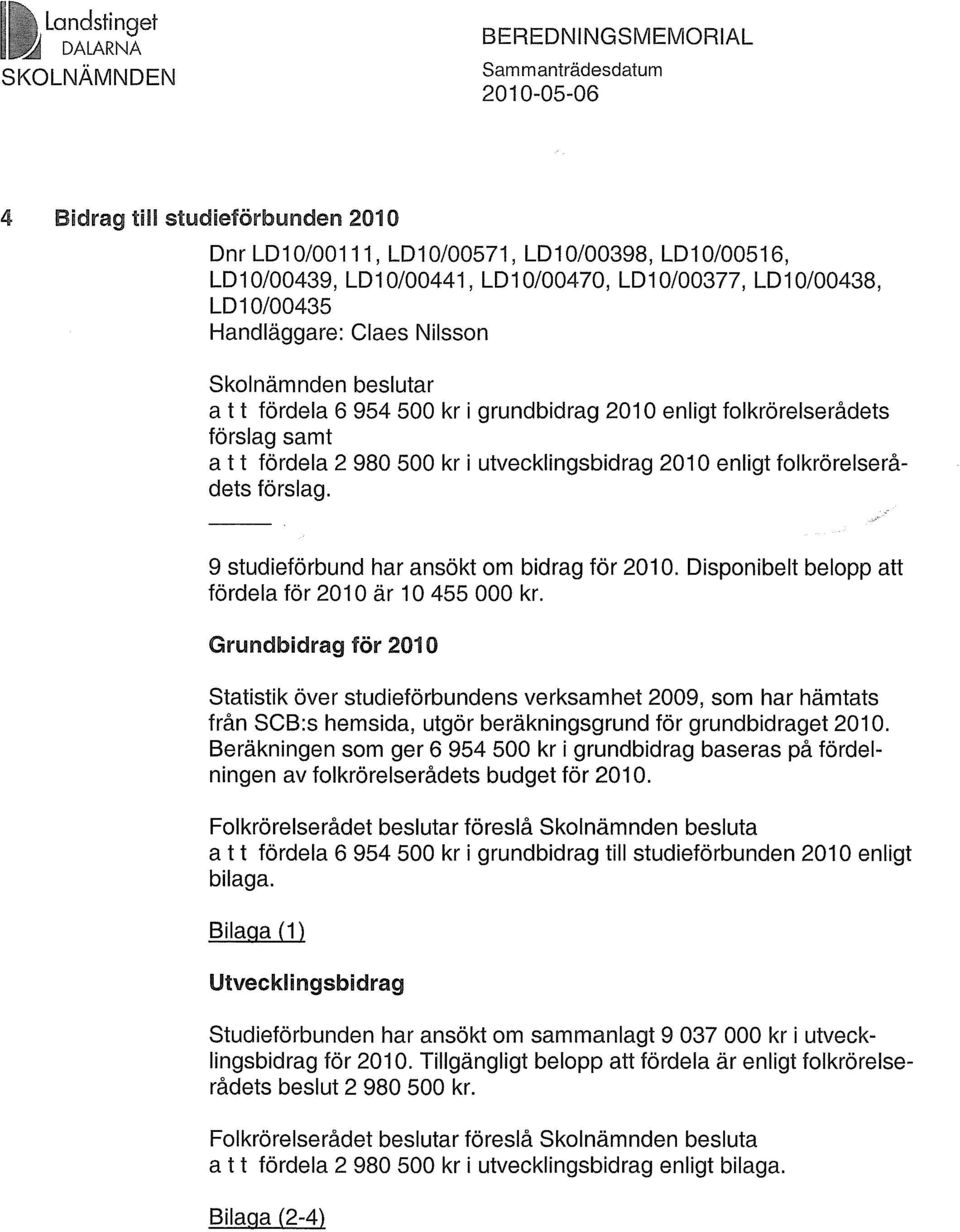 utvecklingsbidrag 2010 enligt folkrörelserådets förslag. 9 studieförbund har ansökt om bidrag för 2010. Disponibelt belopp att fördela för 2010 är 10 455 000 kr.