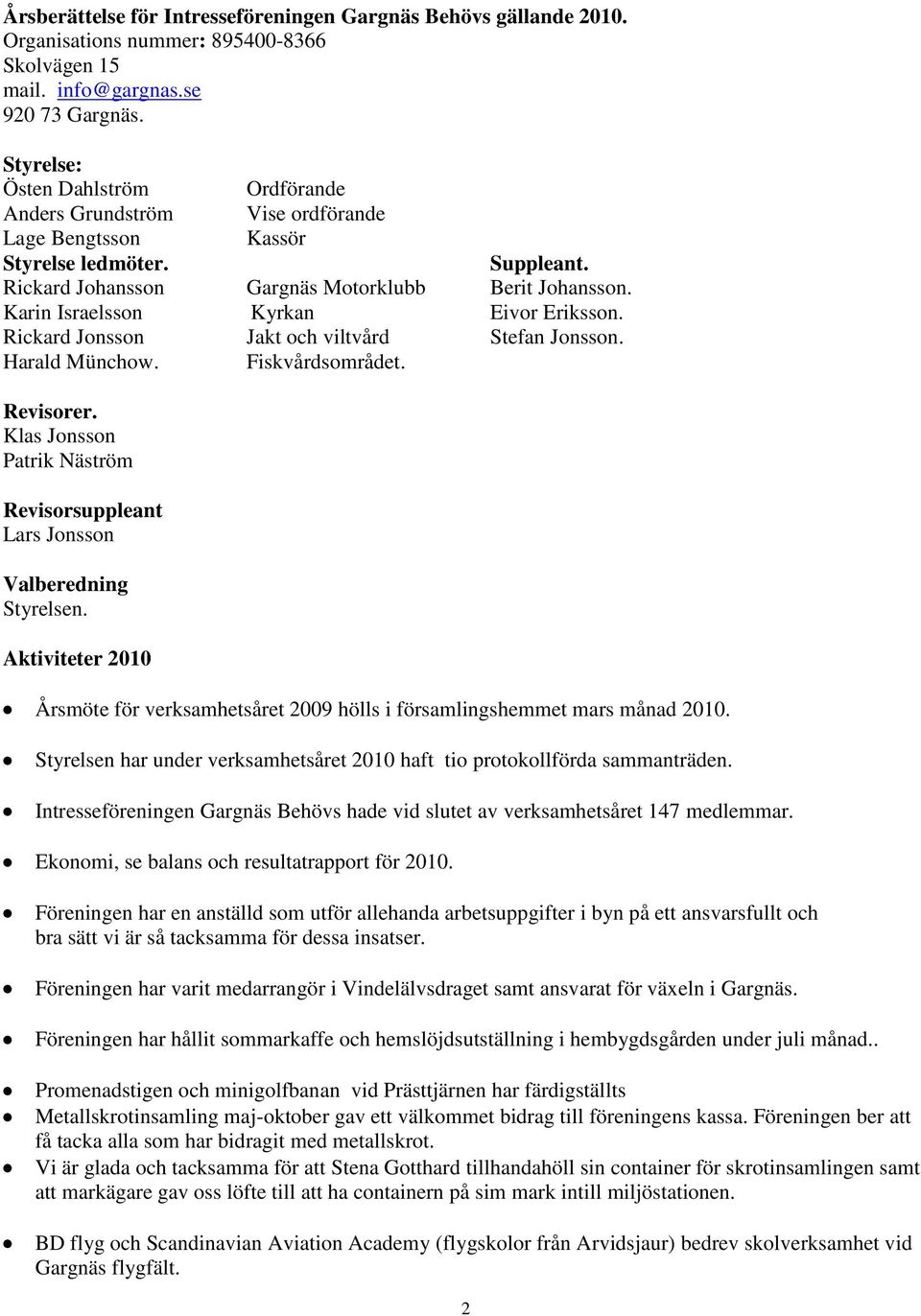 Karin Israelsson Kyrkan Eivor Eriksson. Rickard Jonsson Jakt och viltvård Stefan Jonsson. Harald Münchow. Fiskvårdsområdet. Revisorer.