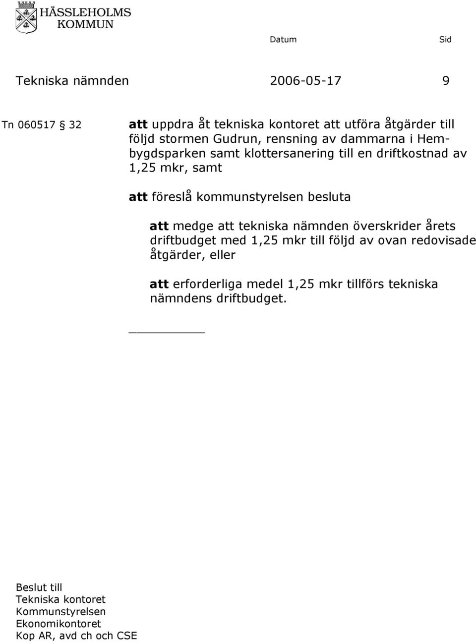 besluta att medge att tekniska nämnden överskrider årets driftbudget med 1,25 mkr till följd av ovan redovisade åtgärder,