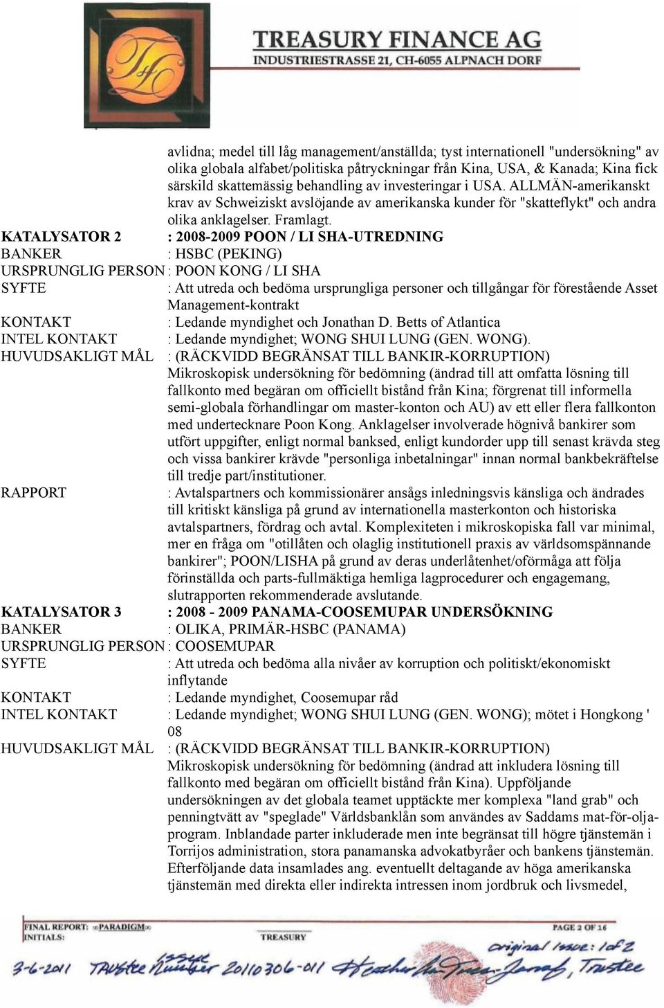 KATALYSATOR 2 : 2008-2009 POON / LI SHA-UTREDNING BANKER : HSBC (PEKING) URSPRUNGLIG PERSON : POON KONG / LI SHA SYFTE : Att utreda och bedöma ursprungliga personer och tillgångar för förestående