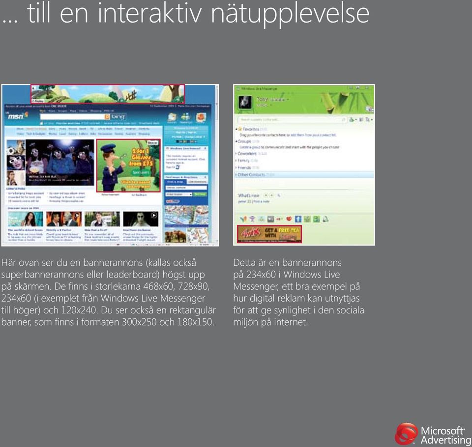 De finns i storlekarna 468x60, 728x90, 234x60 (i exemplet från Windows Live Messenger till höger) och 120x240.
