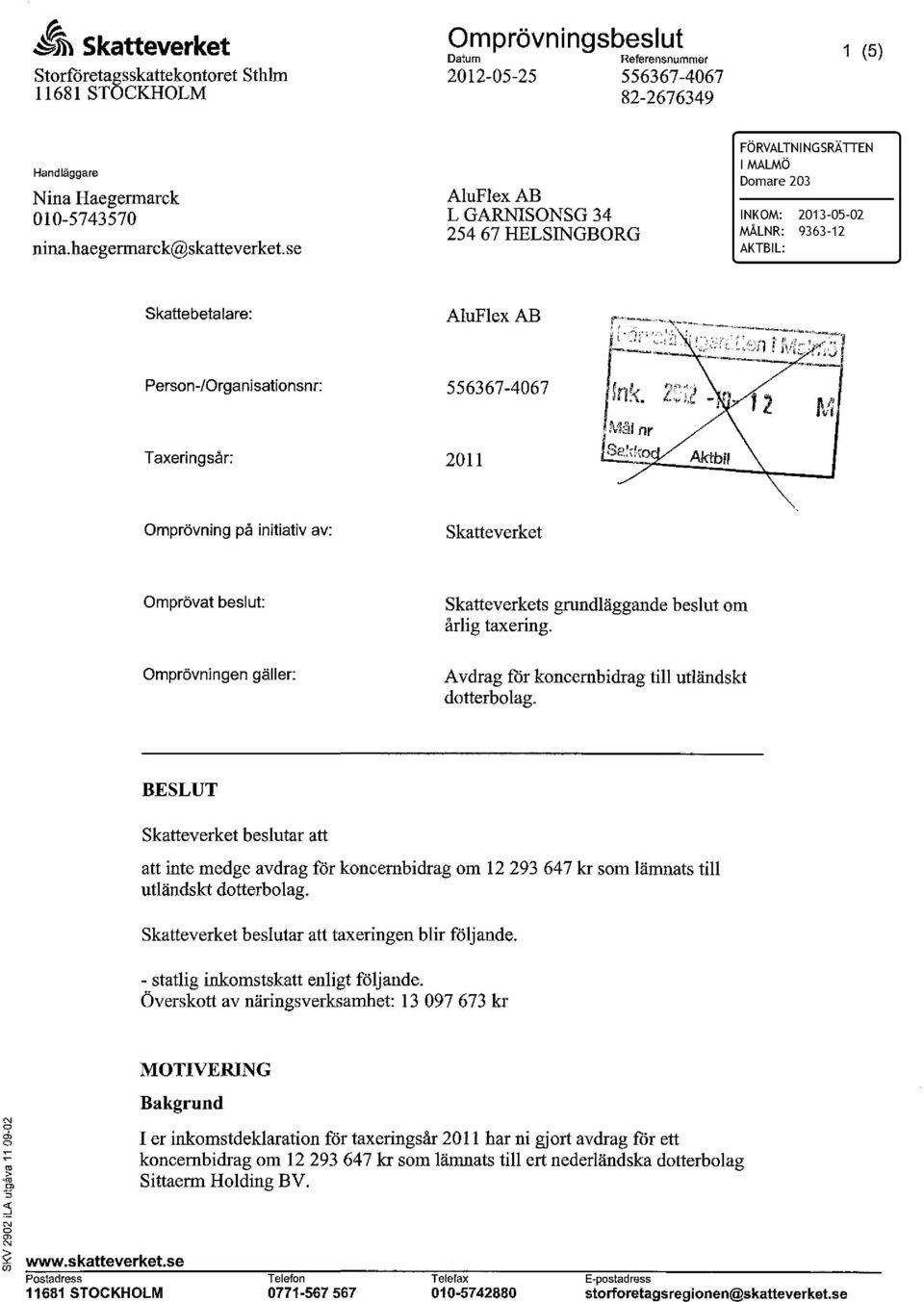 se AluFlex AB L GARNISONSG 34 254 67 HELSINGBORG FÖRVALTNINGSRÄTTEN l MALMÖ Domare 203 INKOM: 2013-05-02 MÅLNR: 9363-12 AKTBIL: Skattebetalare: AluFlex AB PersorWOrganisationsnr: 556367-4067 l (ni