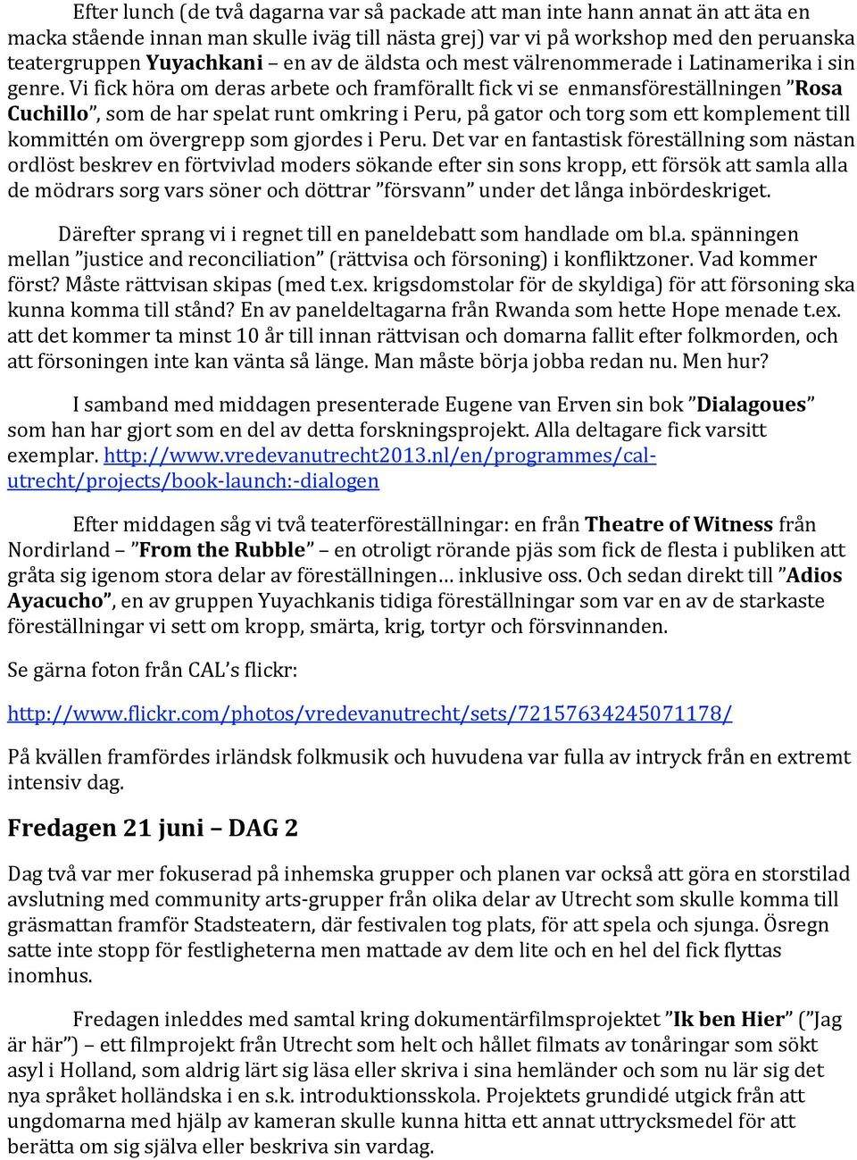 Vi fick höra om deras arbete och framförallt fick vi se enmansföreställningen Rosa Cuchillo, som de har spelat runt omkring i Peru, på gator och torg som ett komplement till kommittén om övergrepp