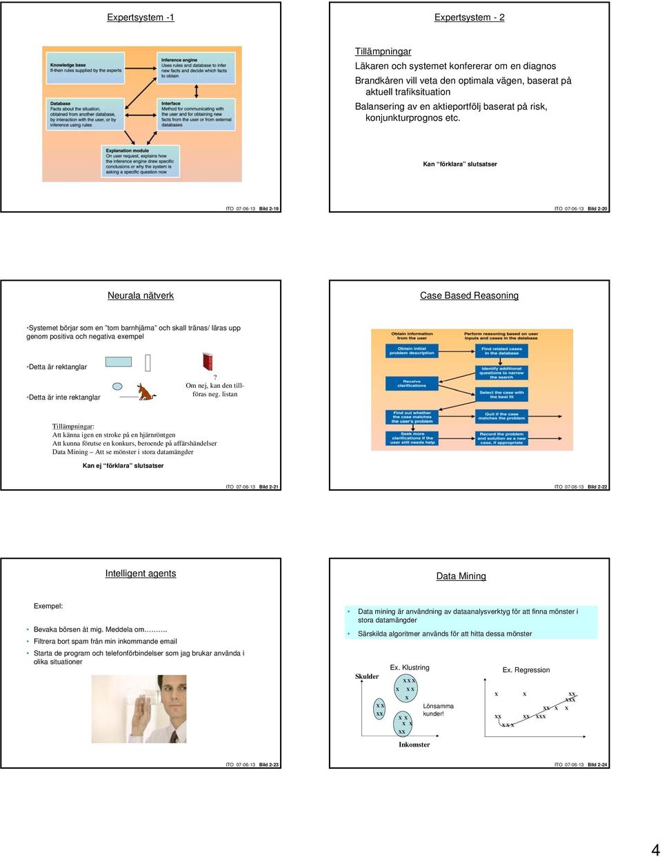 Kan förklara slutsatser ITO 07-06-13 Bild 2-19 ITO 07-06-13 Bild 2-20 Neurala nätverk Case Based Reasoning Systemet börjar som en tom barnhjärna och skall tränas/ läras upp genom positiva och