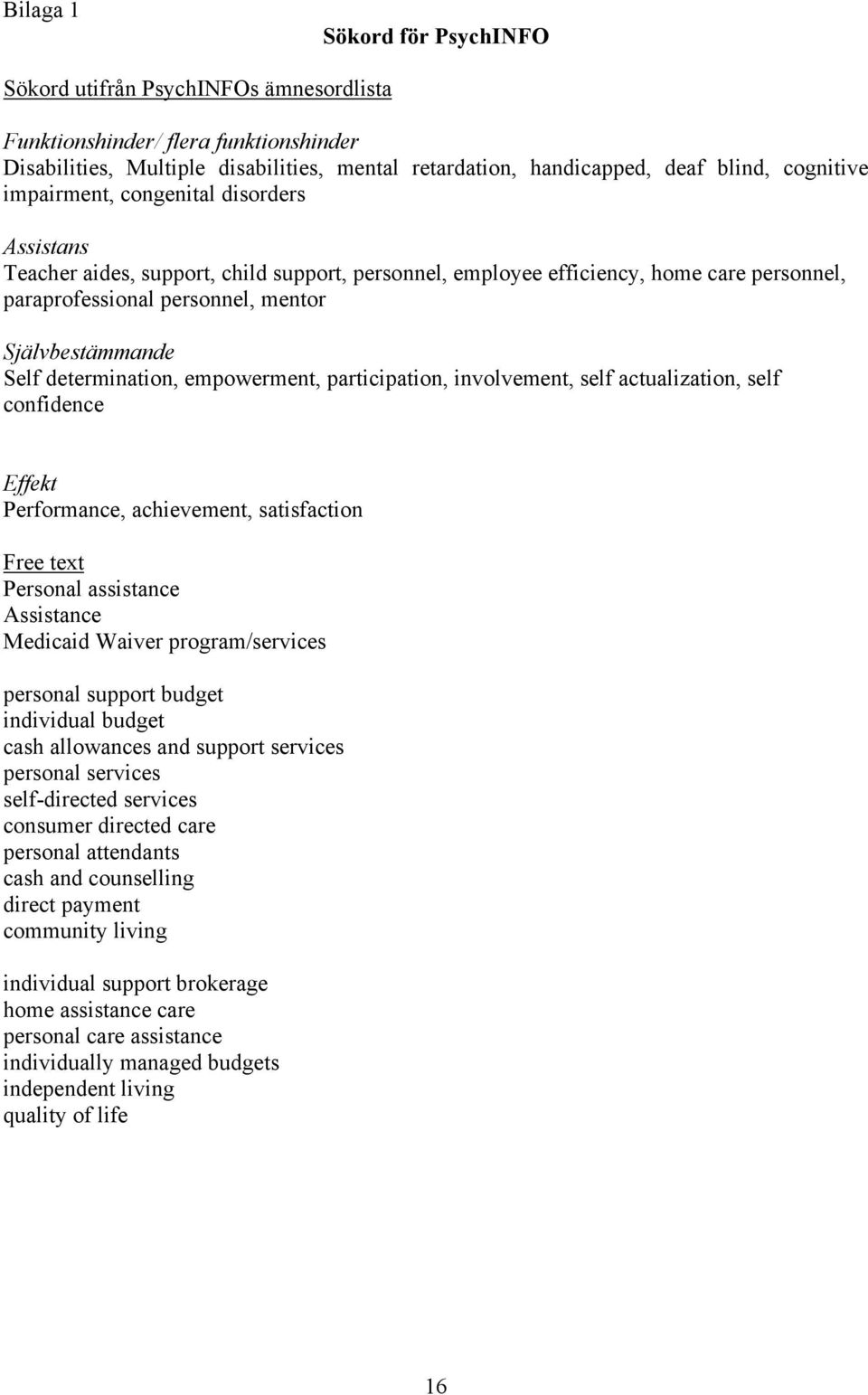 Self determination, empowerment, participation, involvement, self actualization, self confidence Effekt Performance, achievement, satisfaction Free text Personal assistance Assistance Medicaid Waiver