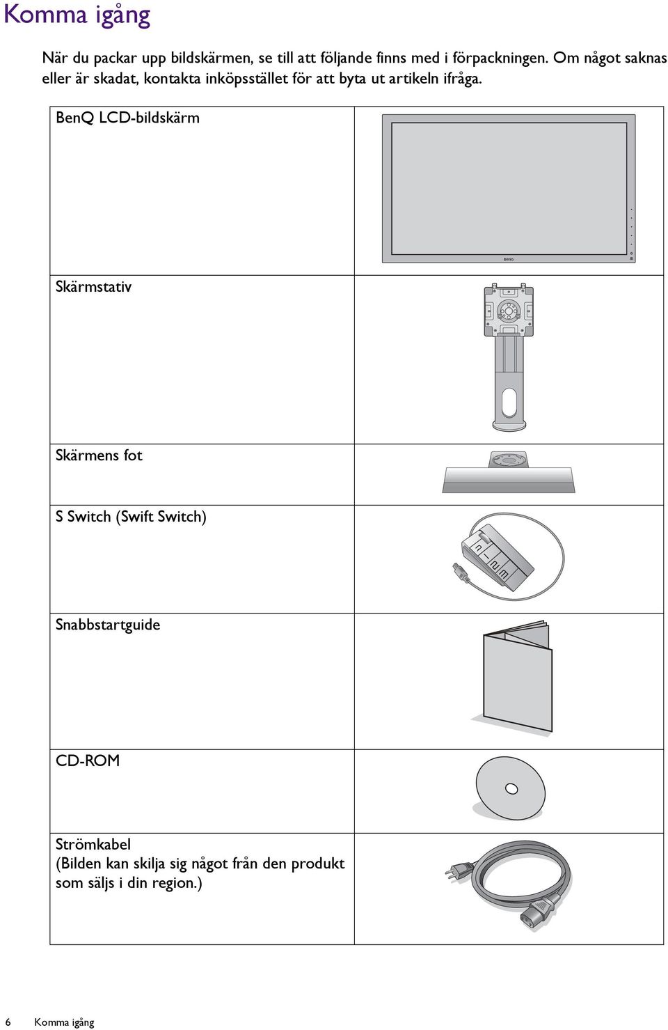 BenQ LCD-bildskärm Skärmstativ Skärmens fot S Switch (Swift Switch) Snabbstartguide CD-ROM