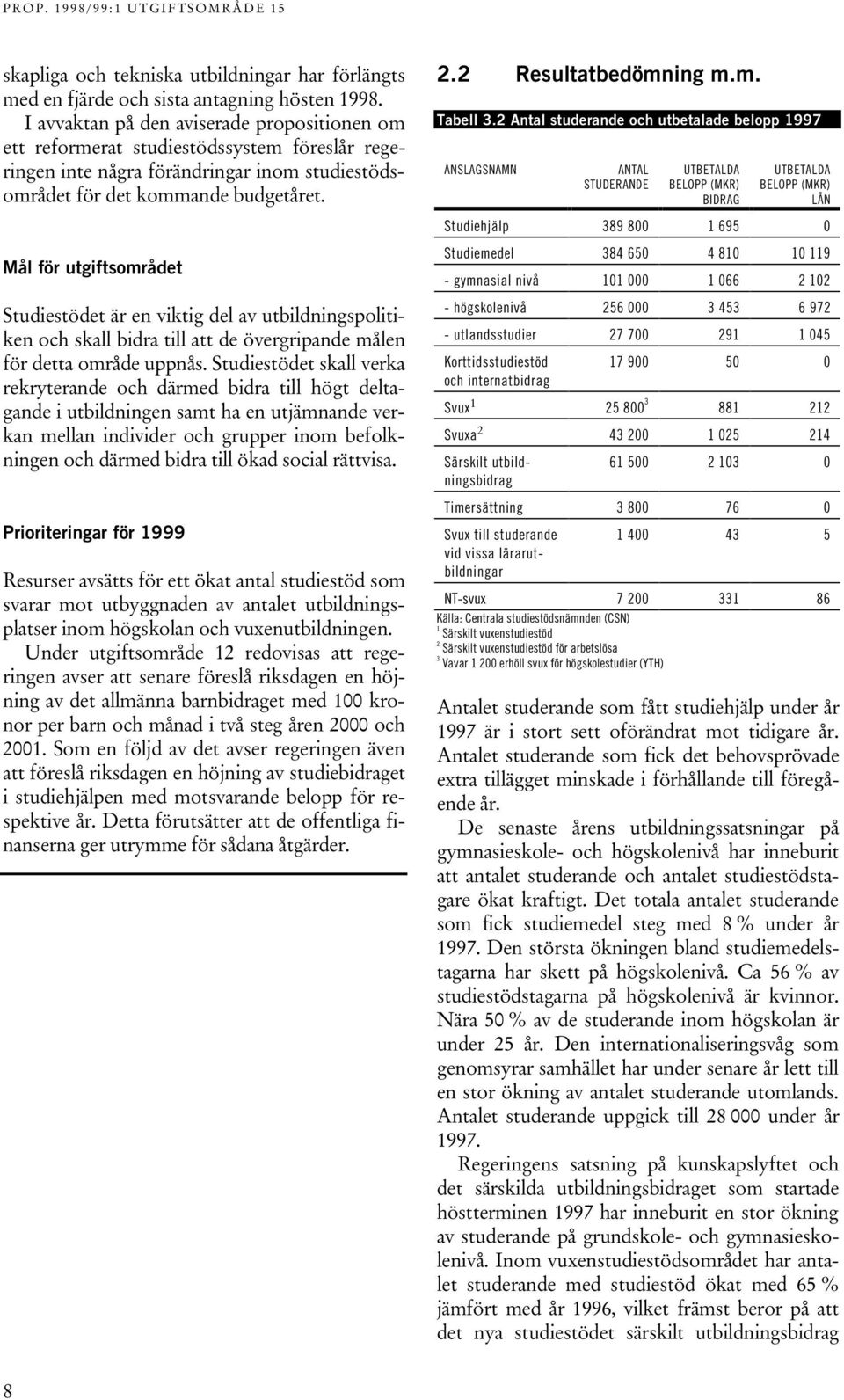 Mål för utgiftsområdet Studiestödet är en viktig del av utbildningspolitiken och skall bidra till att de övergripande målen för detta område uppnås.