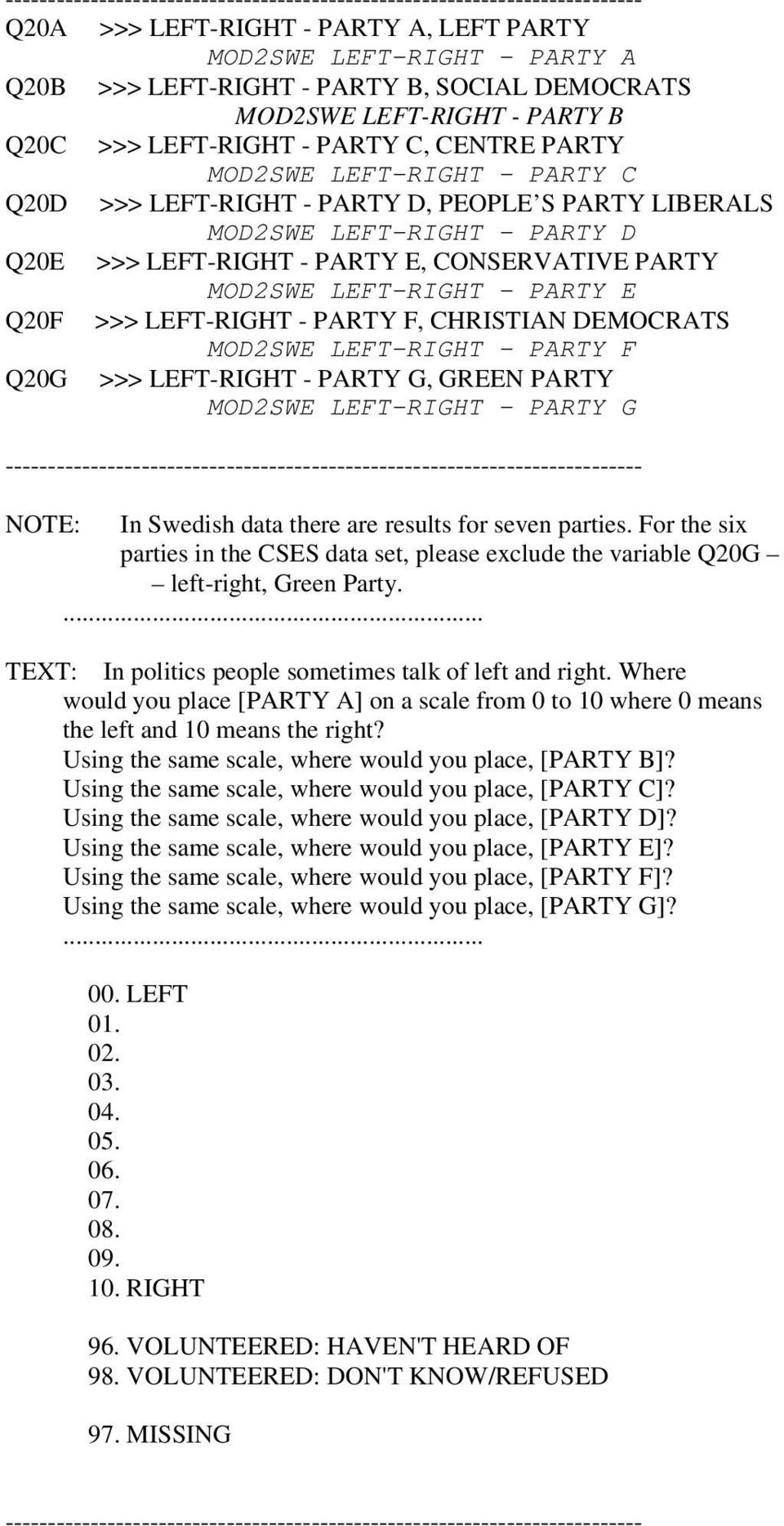 LEFT-RIGHT - PARTY F, CHRISTIAN DEMOCRATS MOD2SWE LEFT-RIGHT - PARTY F Q20G >>> LEFT-RIGHT - PARTY G, GREEN PARTY MOD2SWE LEFT-RIGHT - PARTY G NOTE: In Swedish data there are results for seven