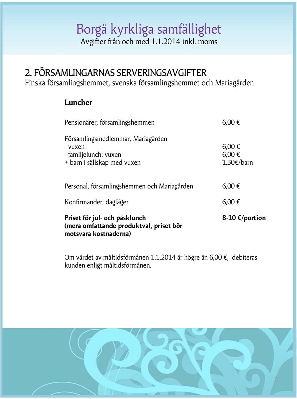 Personal, församlingshemmen och Mariagården 6,00 Konfirmander, dagläger 6,00 Priset för jul- och påsklunch (mera omfattande produktval,