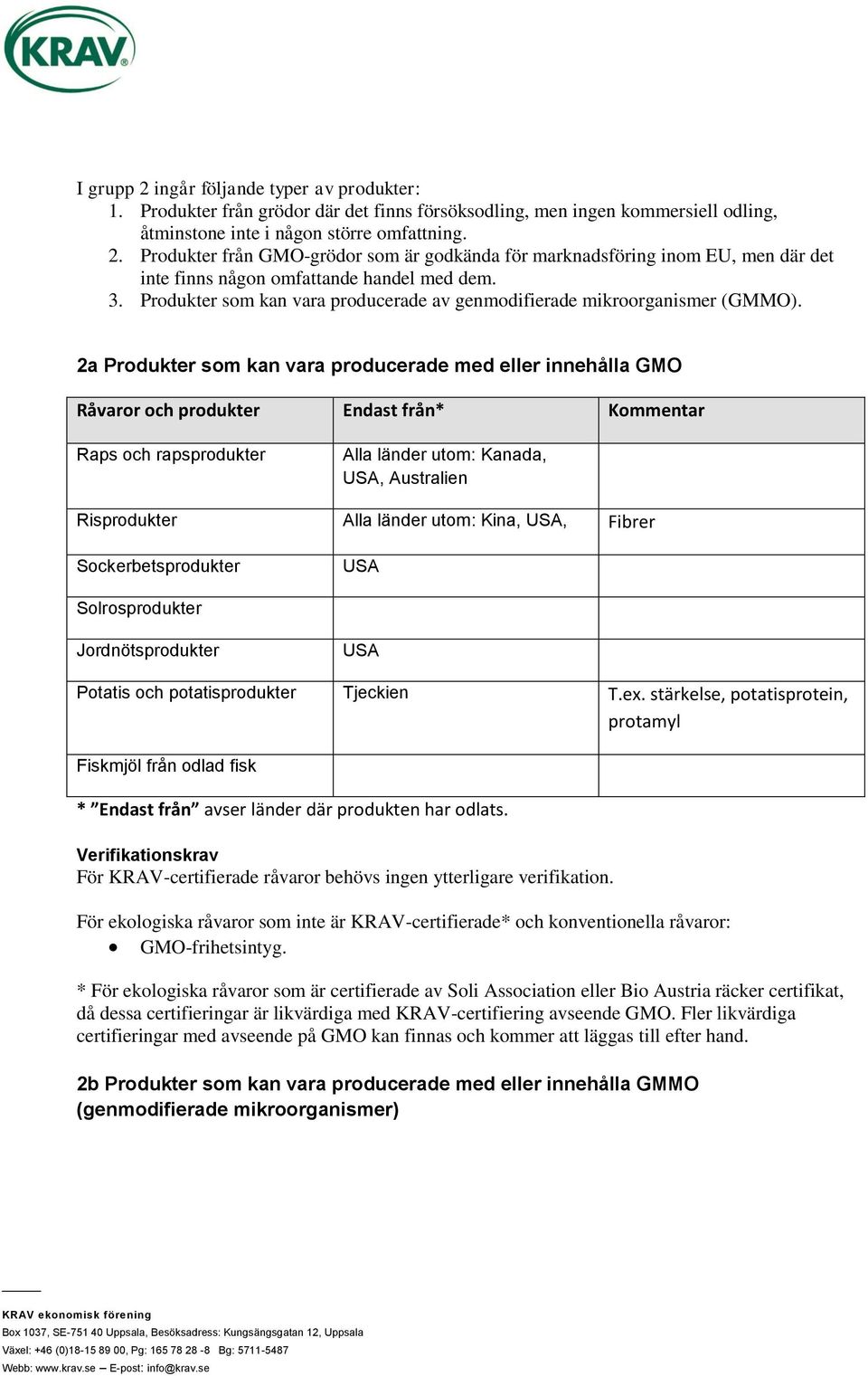 2a Produkter som kan vara producerade med eller innehålla GMO Råvaror och produkter Endast från* Kommentar Raps och rapsprodukter Alla länder utom: Kanada, USA, Australien Risprodukter Alla länder