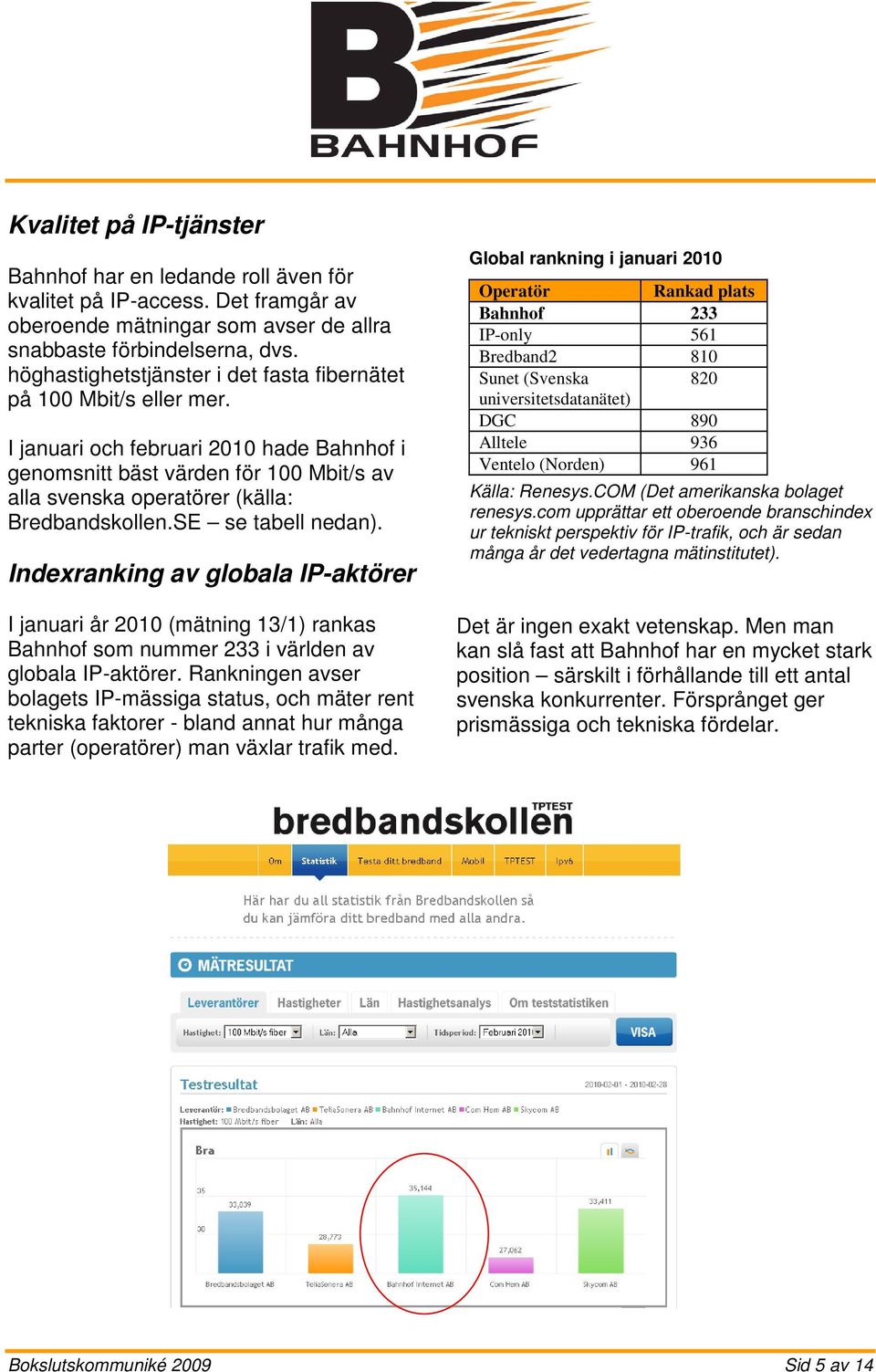 I januari och februari 2010 hade Bahnhof i genomsnitt bäst värden för 100 Mbit/s av alla svenska operatörer (källa: Bredbandskollen.SE se tabell nedan).