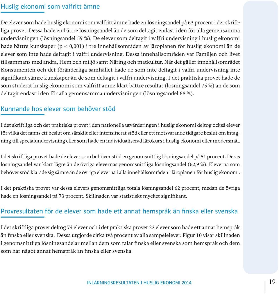 De elever som deltagit i valfri undervisning i huslig ekonomi hade bättre kunskaper (p < 0,001) i tre innehållsområden av läroplanen för huslig ekonomi än de elever som inte hade deltagit i valfri