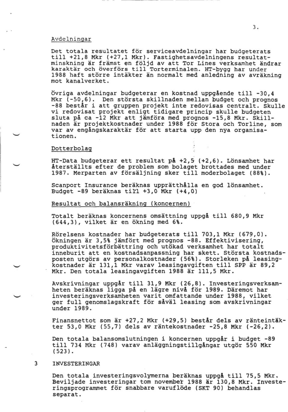 HT-bygg har under 1988 haft större intäkter än normalt med anledning av avräkning mot kanalverket. övriga avdelningar budgeterar en kostnad uppgående till -30,4 Mkr (-50,6).