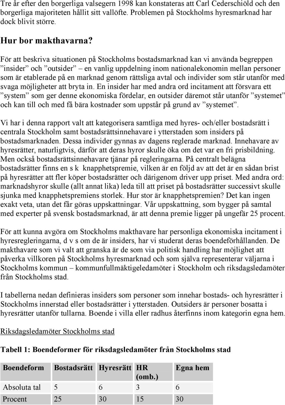 För att beskriva situationen på Stockholms bostadsmarknad kan vi använda begreppen insider och outsider en vanlig uppdelning inom nationalekonomin mellan personer som är etablerade på en marknad