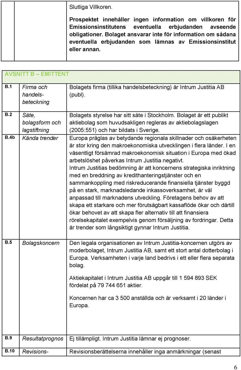 1 Firma och handelsbeteckning Bolagets firma (tillika handelsbeteckning) är Intrum Justitia AB (publ). B.2 Säte, bolagsform och lagstiftning Bolagets styrelse har sitt säte i Stockholm.