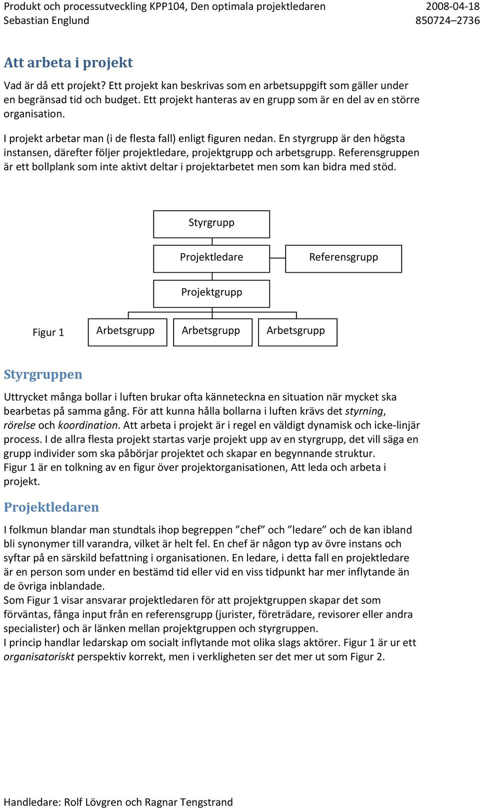 En styrgrupp är den högsta instansen, därefter följer projektledare, projektgrupp och arbetsgrupp. Referensgruppen är ett bollplank som inte aktivt deltar i projektarbetet men som kan bidra med stöd.