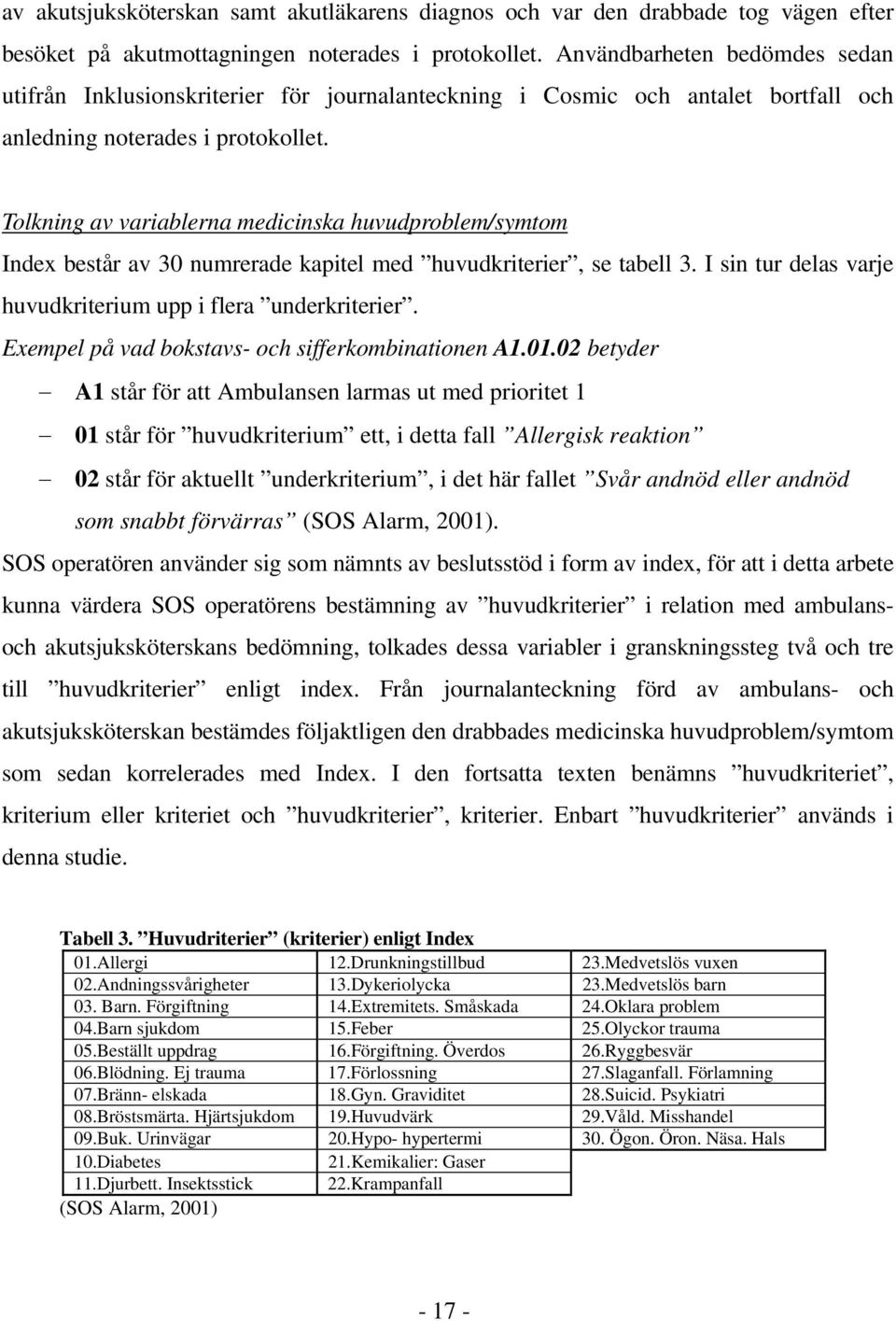 Tolkning av variablerna medicinska huvudproblem/symtom Index består av 30 numrerade kapitel med huvudkriterier, se tabell 3. I sin tur delas varje huvudkriterium upp i flera underkriterier.