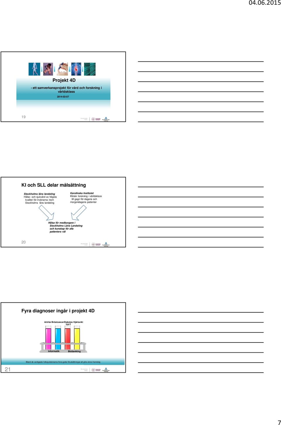 morgondagens patienter Hälsa för medborgare i Stockholms Läns Landsting och kunskap för alla patienters väl 20 Fyra diagnoser ingår i projekt 4D