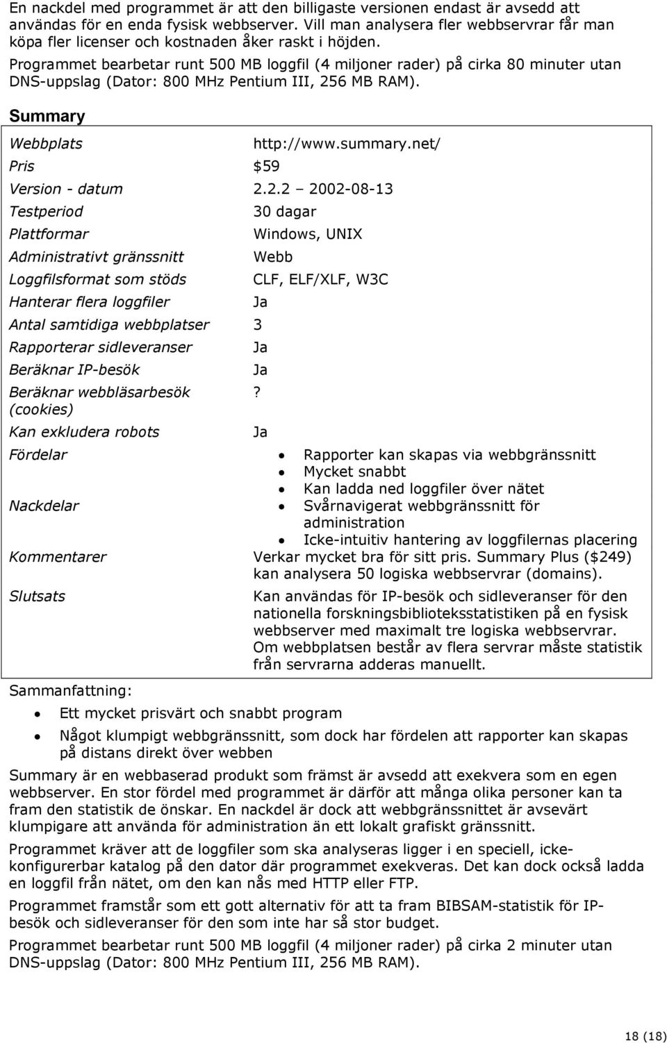 Programmet bearbetar runt 500 MB loggfil (4 miljoner rader) på cirka 80 minuter utan DNS-uppslag (Dator: 800 MHz Pentium III, 256 MB RAM). Summary Webbplats Pris $59 http://www.summary.