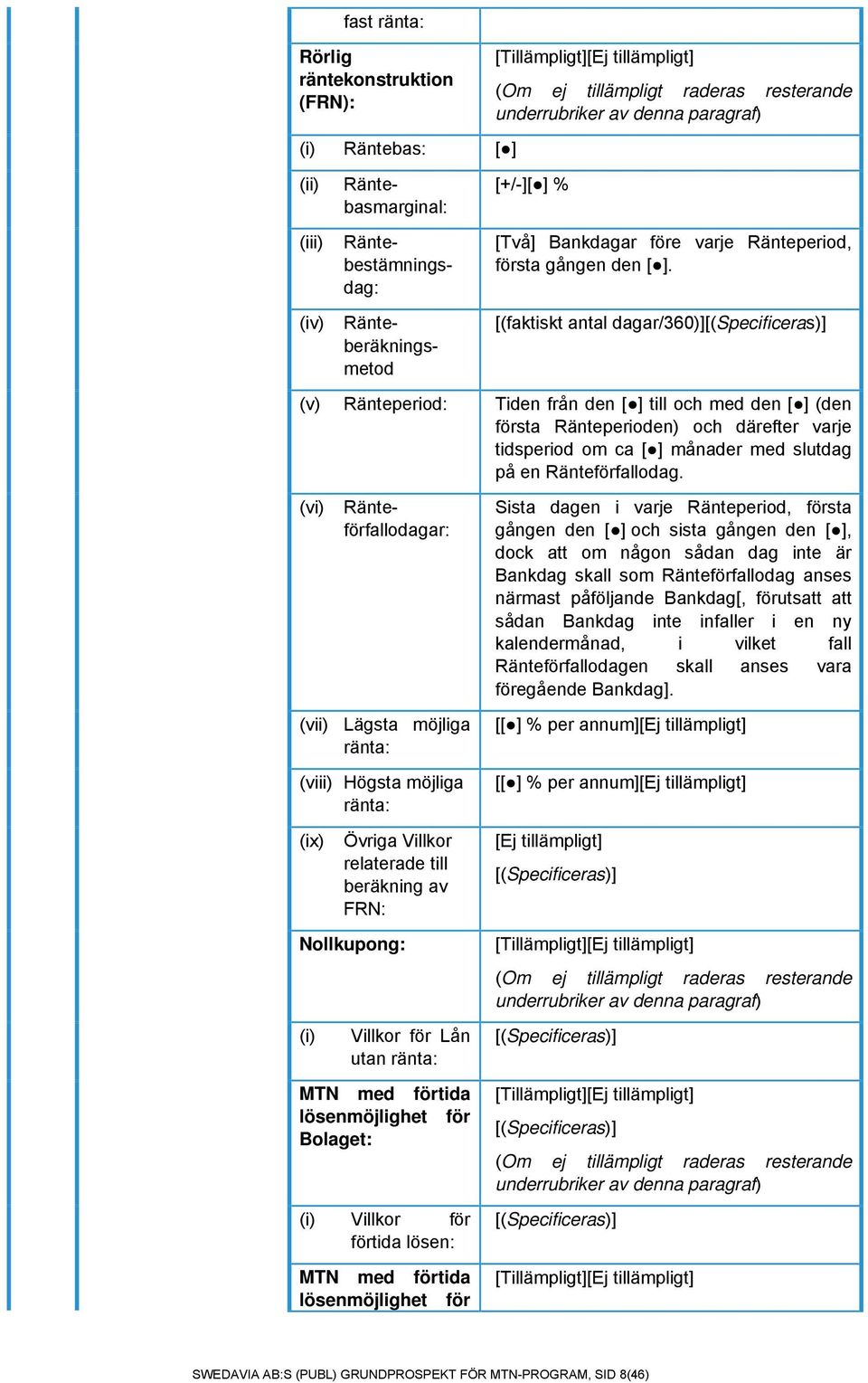 [(faktiskt antal dagar/360)][(specificeras)] (v) Ränteperiod: Tiden från den [ ] till och med den [ ] (den första Ränteperioden) och därefter varje tidsperiod om ca [ ] månader med slutdag på en