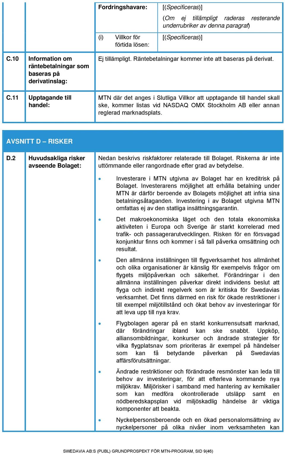 MTN där det anges i Slutliga Villkor att upptagande till handel skall ske, kommer listas vid NASDAQ OMX Stockholm AB eller annan reglerad marknadsplats. AVSNITT D RISKER D.