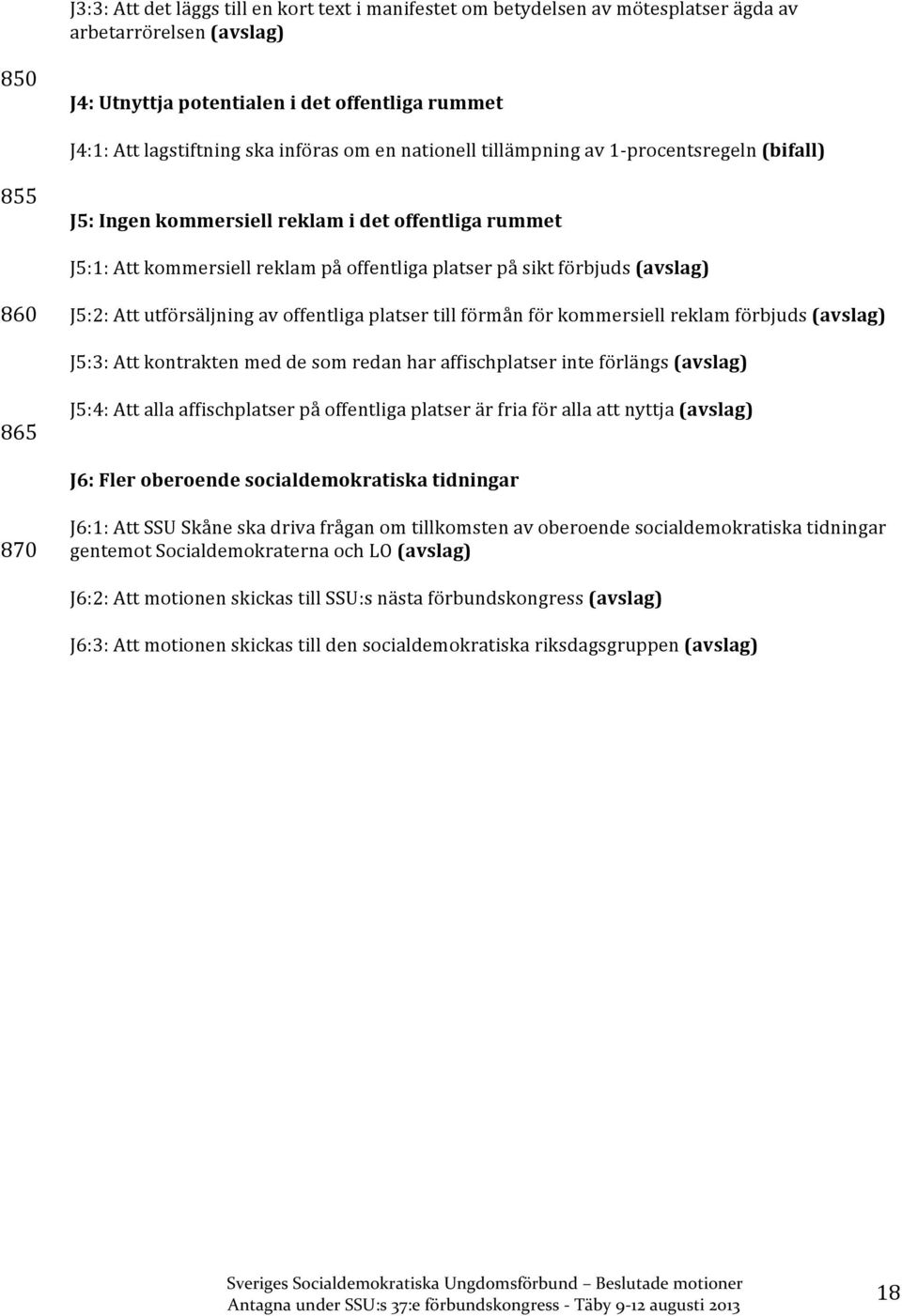 J5:2: Att utförsäljning av offentliga platser till förmån för kommersiell reklam förbjuds (avslag) J5:3: Att kontrakten med de som redan har affischplatser inte förlängs (avslag) 865 J5:4: Att alla