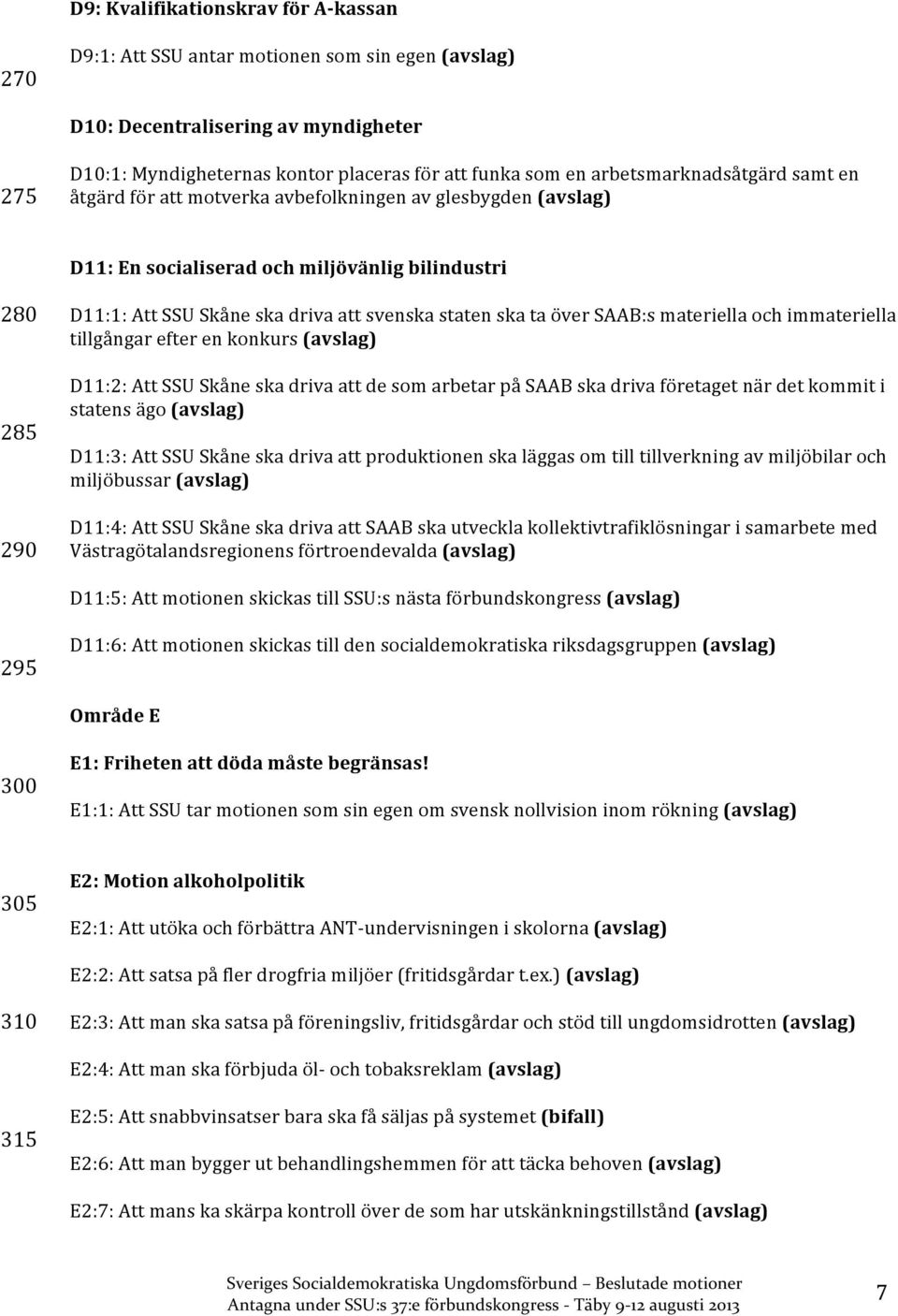 staten ska ta över SAAB:s materiella och immateriella tillgångar efter en konkurs (avslag) D11:2: Att SSU Skåne ska driva att de som arbetar på SAAB ska driva företaget när det kommit i statens ägo