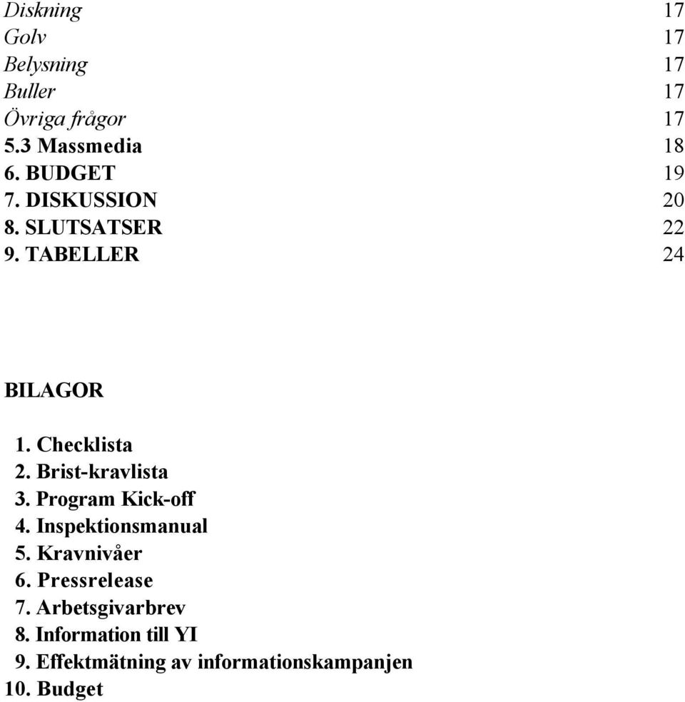 Brist-kravlista 3. Program Kick-off 4. Inspektionsmanual 5. Kravnivåer 6.