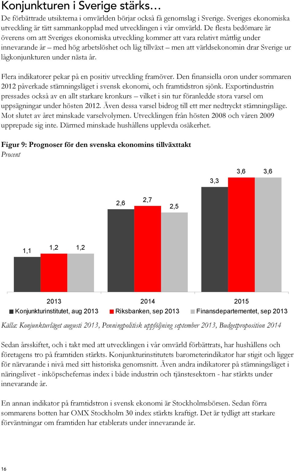 lågkonjunkturen under nästa år. Flera indikatorer pekar på en positiv utveckling framöver. Den finansiella oron under sommaren 2012 påverkade stämningsläget i svensk ekonomi, och framtidstron sjönk.