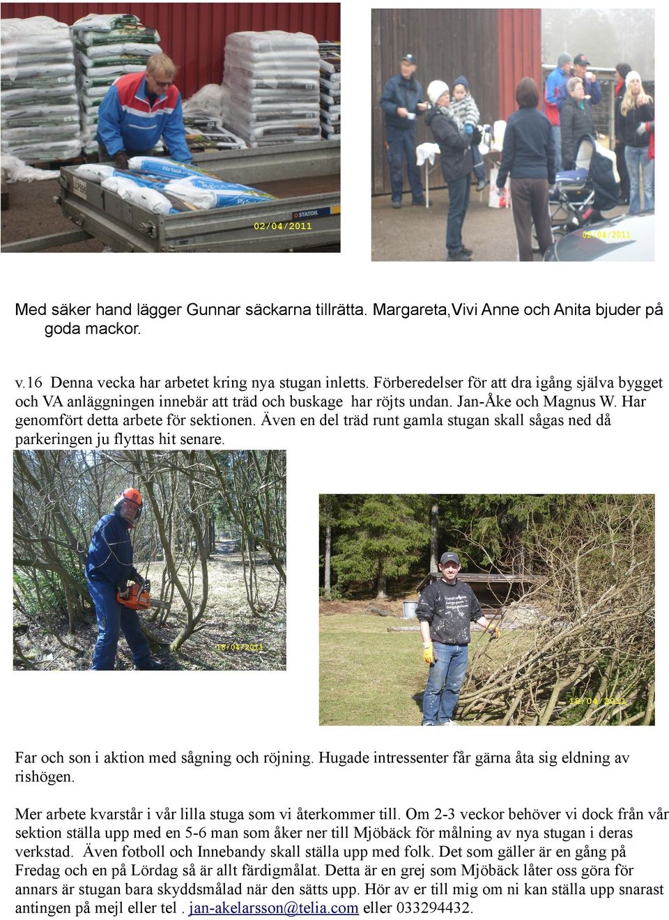 Även en del träd runt gamla stugan skall sågas ned då parkeringen ju flyttas hit senare. Far och son i aktion med sågning och röjning. Hugade intressenter får gärna åta sig eldning av rishögen.