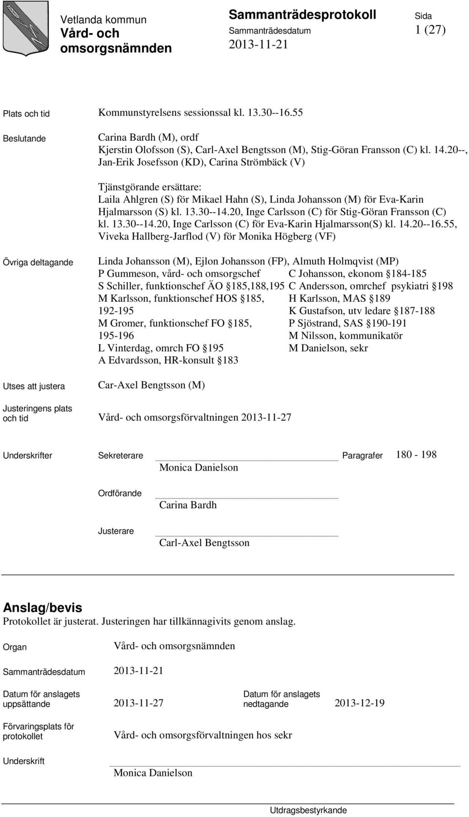 20, Inge Carlsson (C) för Stig-Göran Fransson (C) kl. 13.30--14.20, Inge Carlsson (C) för Eva-Karin Hjalmarsson(S) kl. 14.20--16.