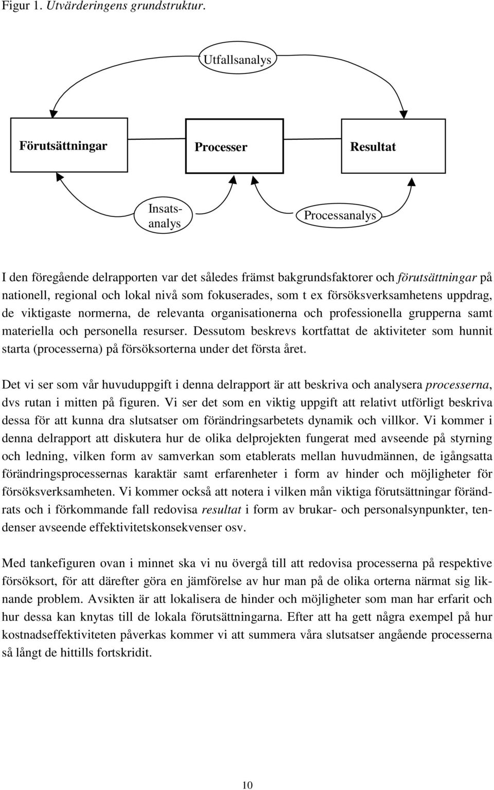 nivå som fokuserades, som t ex försöksverksamhetens uppdrag, de viktigaste normerna, de relevanta organisationerna och professionella grupperna samt materiella och personella resurser.