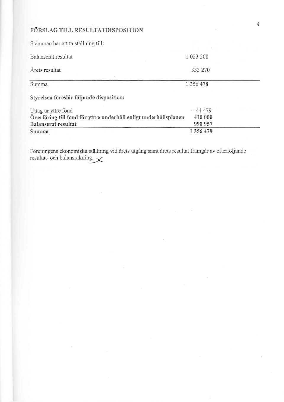 Surnma r 3s6 478 Styrelsen fiireslår fiiljande disposition: Uttag ur yffre fond Överföring till fond för yttre