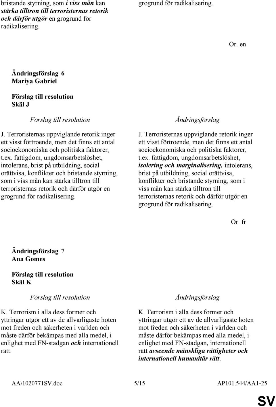 fattigdom, ungdomsarbetslöshet, intolerans, brist på utbildning, social orättvisa, konflikter och bristande styrning, som i viss mån kan stärka tilltron till terroristernas retorik och därför utgör