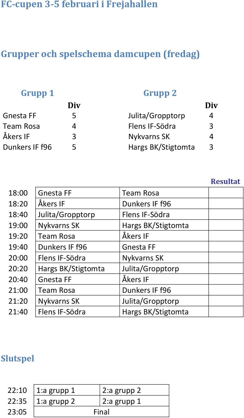 BK/Stigtomta 19:20 Team Rosa Åkers IF 19:40 Dunkers IF f96 Gnesta FF 20:00 Flens IF-Södra Nykvarns SK 20:20 Hargs BK/Stigtomta Julita/Gropptorp 20:40 Gnesta FF Åkers IF