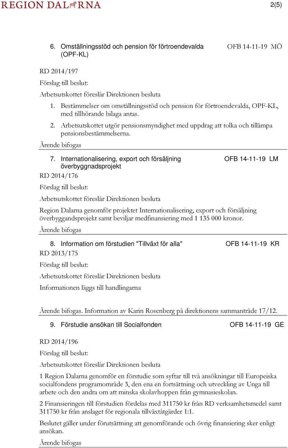 beviljar medfinansiering med 1 135 000 kronor. 8. Information om förstudien "Tillväxt för alla" OFB 14-11-19 KR 2013/175. Information av Karin Rosenberg på direktionens sammanträde 17/12. 9.