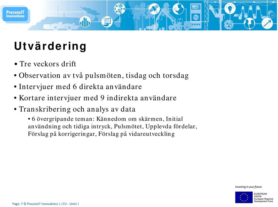 övergripande teman: Kännedom om skärmen, Initial användning och tidiga intryck, Pulsmötet, Upplevda