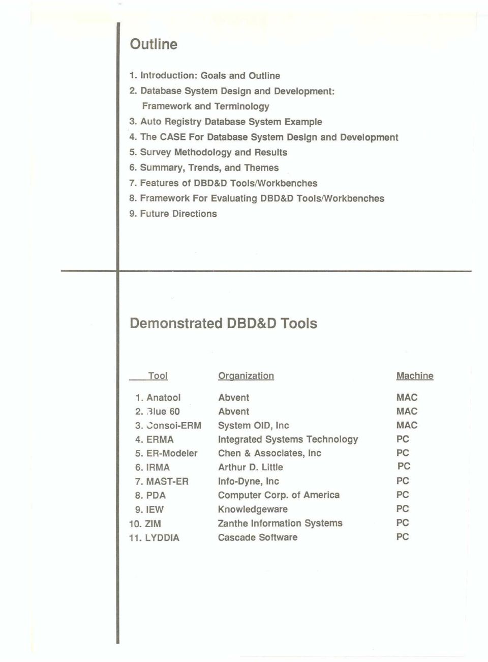 Framework For Evaluating DBD&D Tools/Workbenches 9. Future Directions Demonstrated DBD&D Tools Tool 1. Anatooi 2. :1lue 60 3. ';onsoi-erm 4. ERMA 5. ER-Modeler 6. IRMA 7. MAST-ER 8.PDA 9.IEW 10.