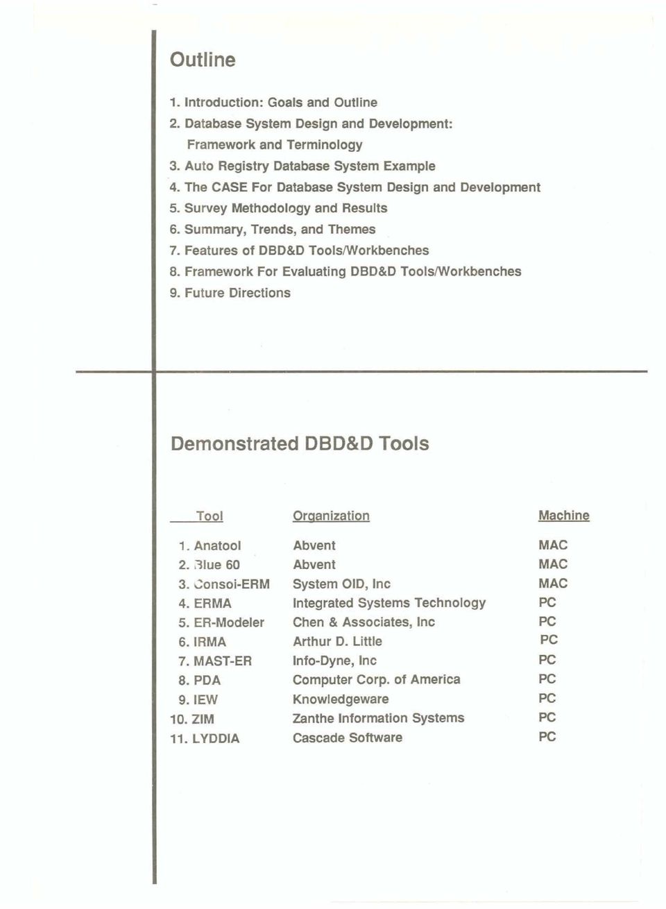 Framework For Evaluating DBD&D ToolslWorkbenches 9. Future Directions Demonstrated DBD&D Tools Tool 1. Anatooi 2. ~Iue 60 3. Consoi-ERM 4. ERMA 5. ER-Modeler 6. IRMA 7. MAST-ER 8.PDA 9.IEW 10.