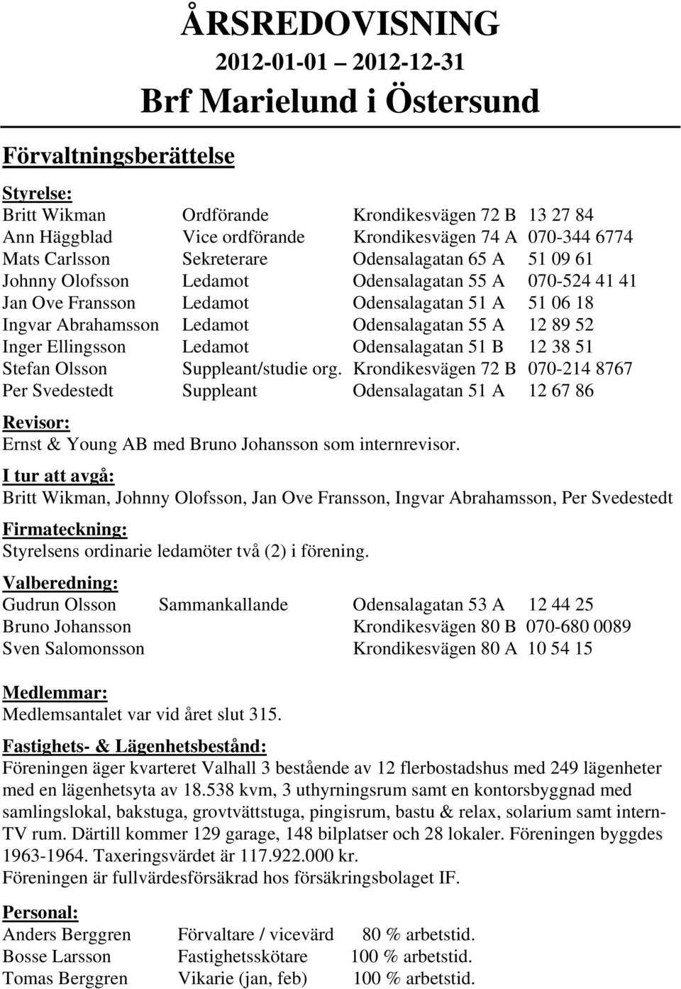 Ledamot Odensalagatan 55 A 12 89 52 Inger Ellingsson Ledamot Odensalagatan 51 B 12 38 51 Stefan Olsson Suppleant/studie org.