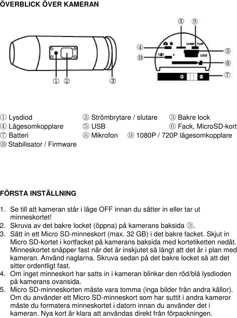 3. Sätt in ett Micro SD-minneskort (max. 32 GB) i det bakre facket. Skjut in Micro SD-kortet i kortfacket på kamerans baksida med kortetiketten nedåt.