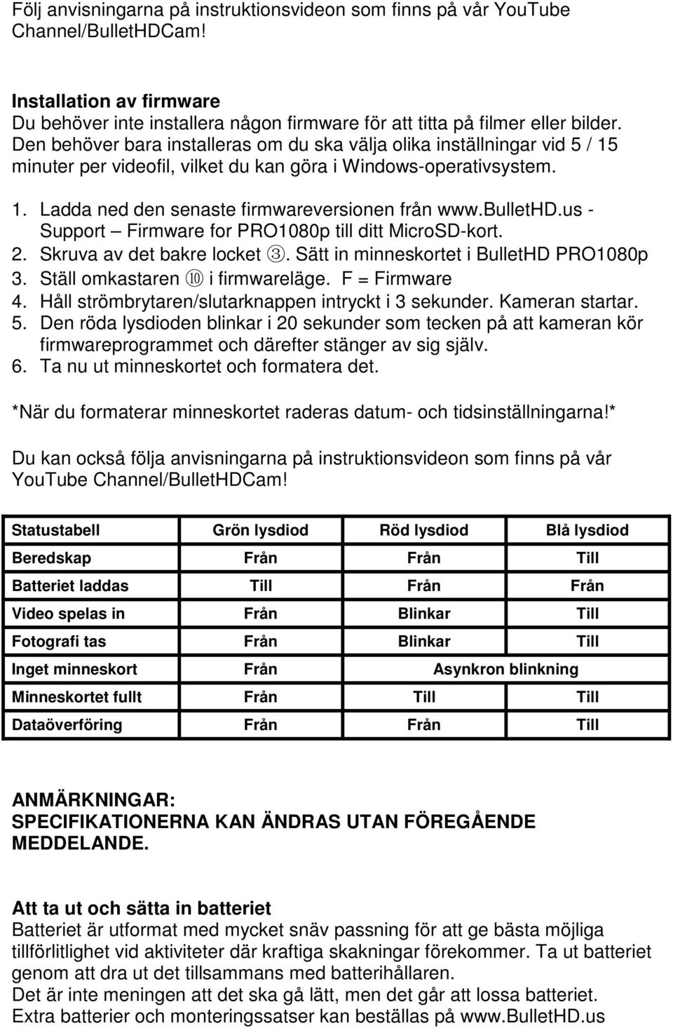 bullethd.us - Support Firmware for PRO1080p till ditt MicroSD-kort. 2. Skruva av det bakre locket 3. Sätt in minneskortet i BulletHD PRO1080p 3. Ställ omkastaren 10 i firmwareläge. F = Firmware 4.