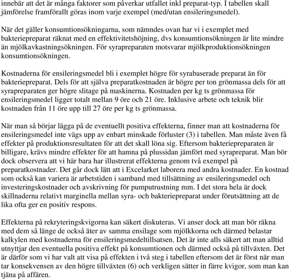 För syrapreparaten motsvarar mjölkproduktionsökningen konsumtionsökningen. Kostnaderna för ensileringsmedel bli i exemplet högre för syrabaserade preparat än för bakteriepreparat.