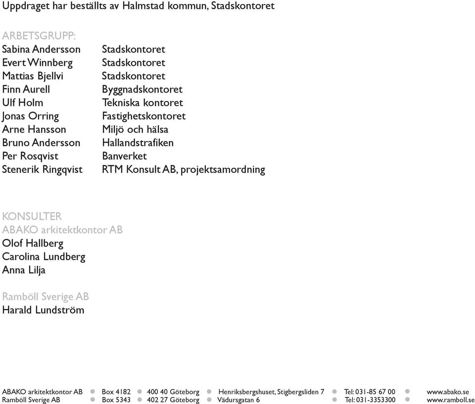 Banverket Stenerik Ringqvist RTM Konsult AB, projektsamordning KONSULTER ABAKO arkitektkontor AB Olof Hallberg Carolina Lundberg Anna Lilja Harald Lundström ABAKO