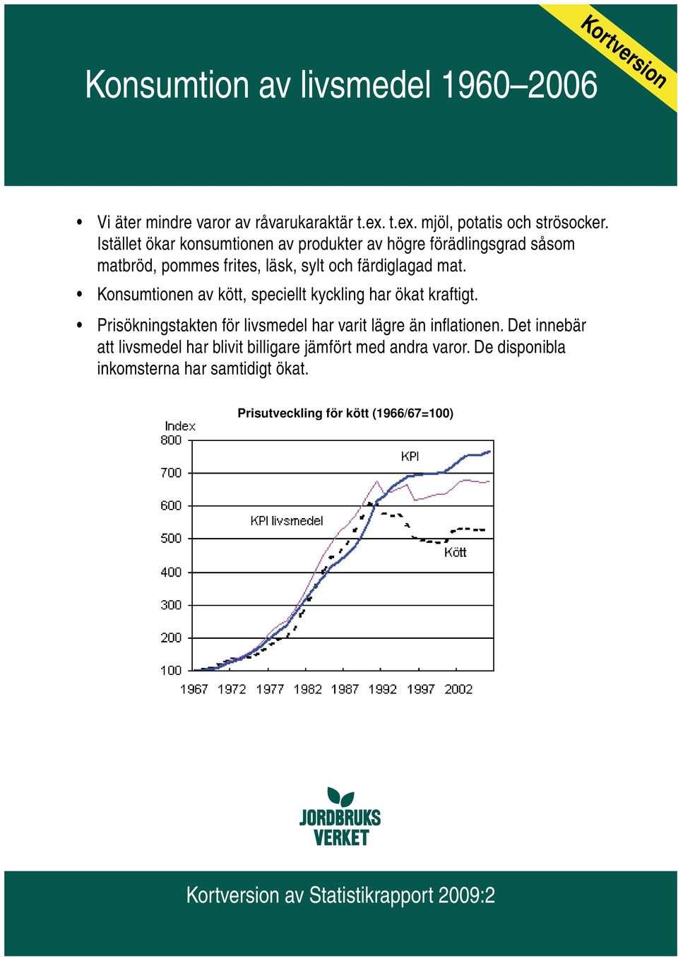 Konsumtionen av kött, speciellt kyckling har ökat kraftigt. Prisökningstakten för livsmedel har varit lägre än infl ationen.